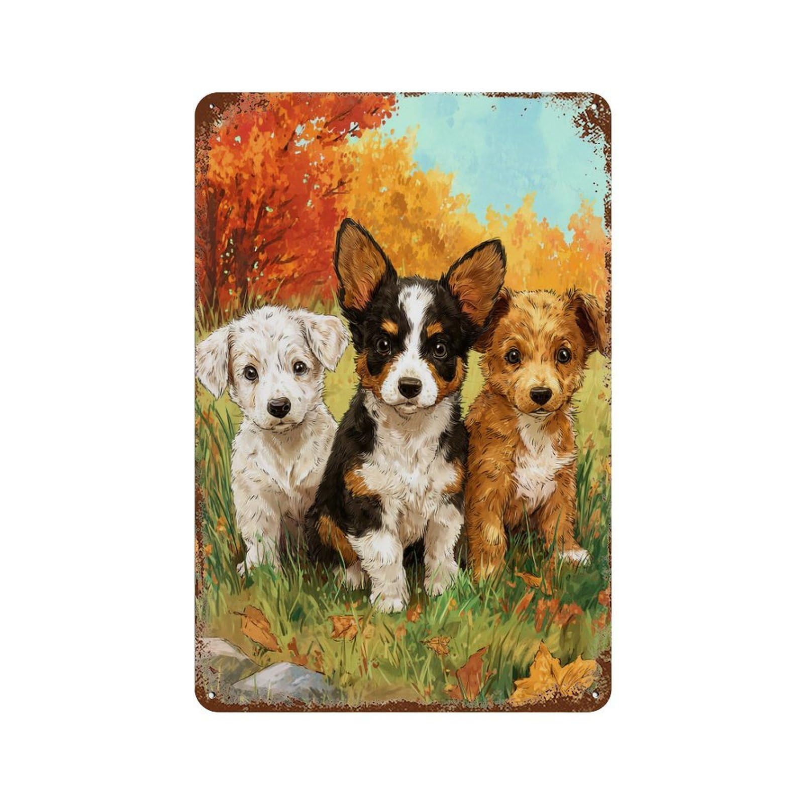 Autumn Puppies in Field-1 11.8"x7.9" Weathered Tin Sign, Rustic Home Decor for Living Room, Hallway And Home Decor