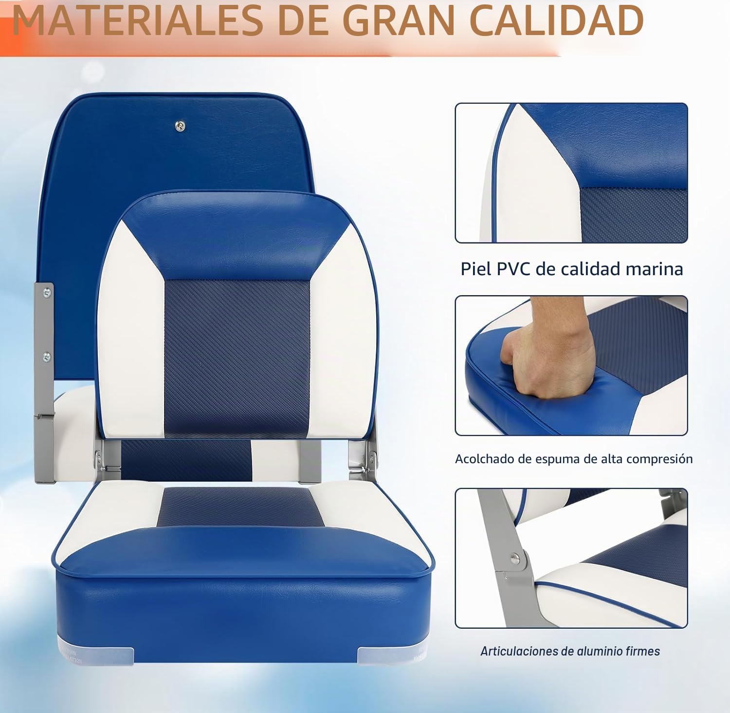 Juego de 2 asientos de barco plegables para pescar, impermeables, silla de capitán, asiento para barco, apto para Jon/pontón/canoa/asientos Bass Tracker - Diseño único de color (azul/blanco)