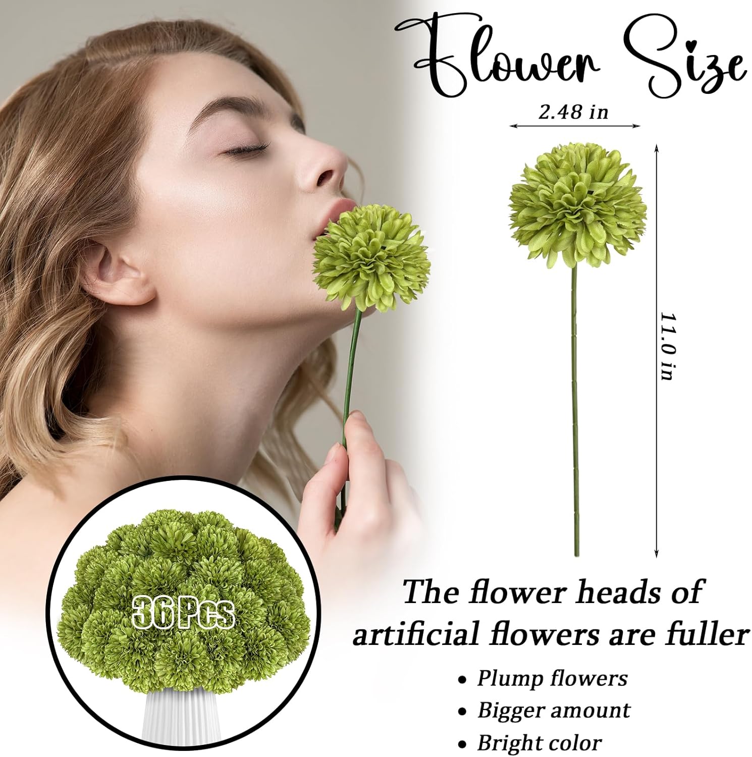 36 Pcs Artificial Chrysanthemums Flowers Green Ball Flower Silk Fake Mums Flowers for Home Decor Outdoor Wedding Floral Arrangement St Patricks Day Table Centerpiece