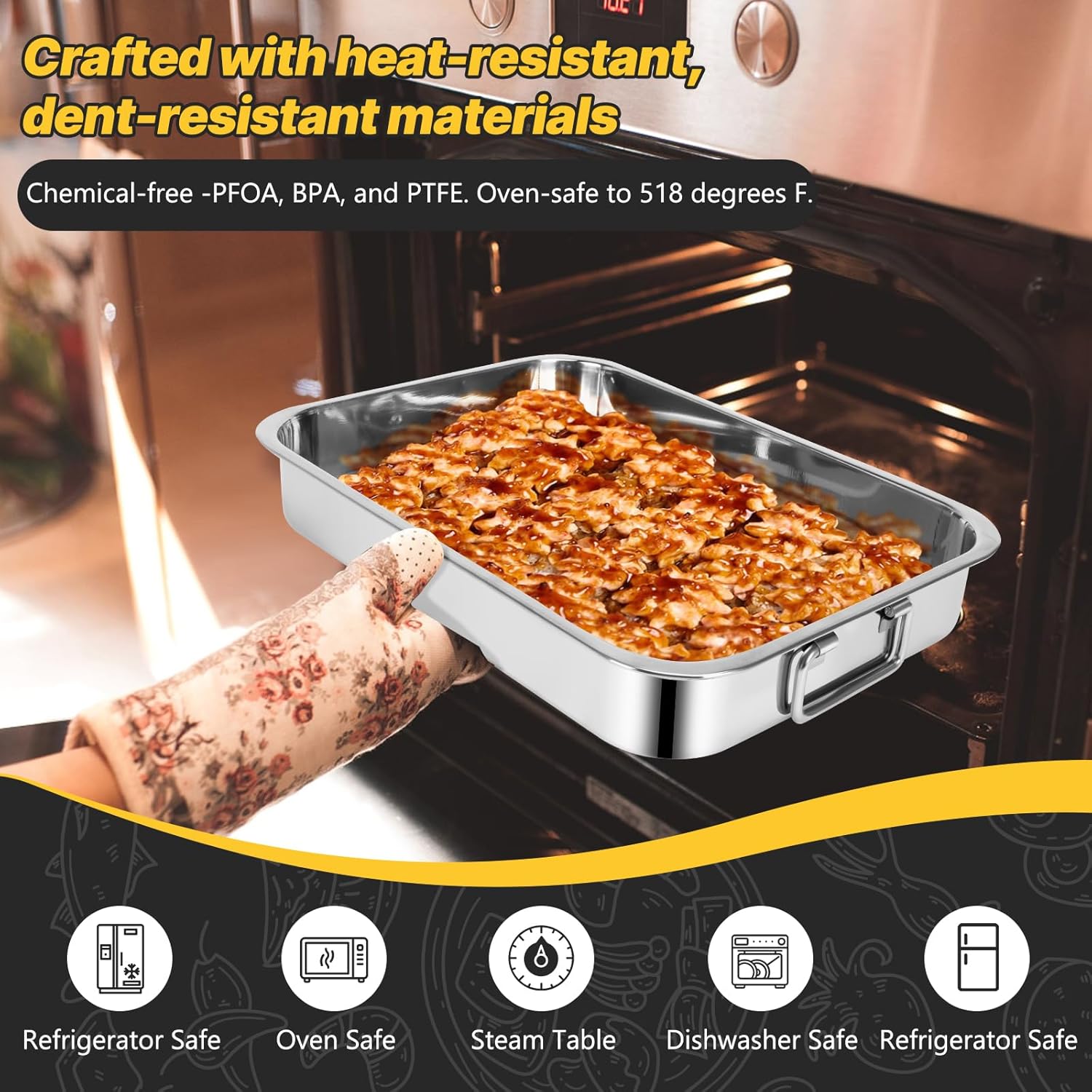 15.5" Stainless Steel Roasting Pans with Handles, Baking Pan for Oven with 2 Racks, Heavy Duty, Dishwasher Safe Rectangular Lasagna Pan with Handles for Turkey Chicken, Silver - Image 6
