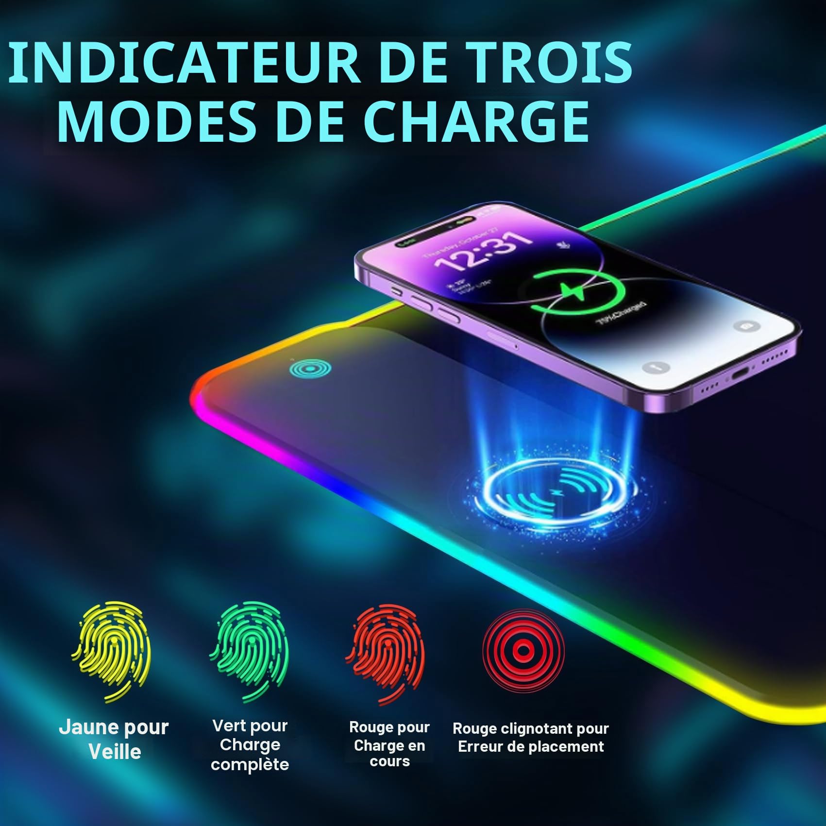 Tapis de Souris de Jeu RGB avec Charge sans Fil 15W, 14 Modes d'éclairage LED, Taille XXL 800x300x4mm, Base en Caoutchouc antidérapante pour Gaming, MacBook, PC
