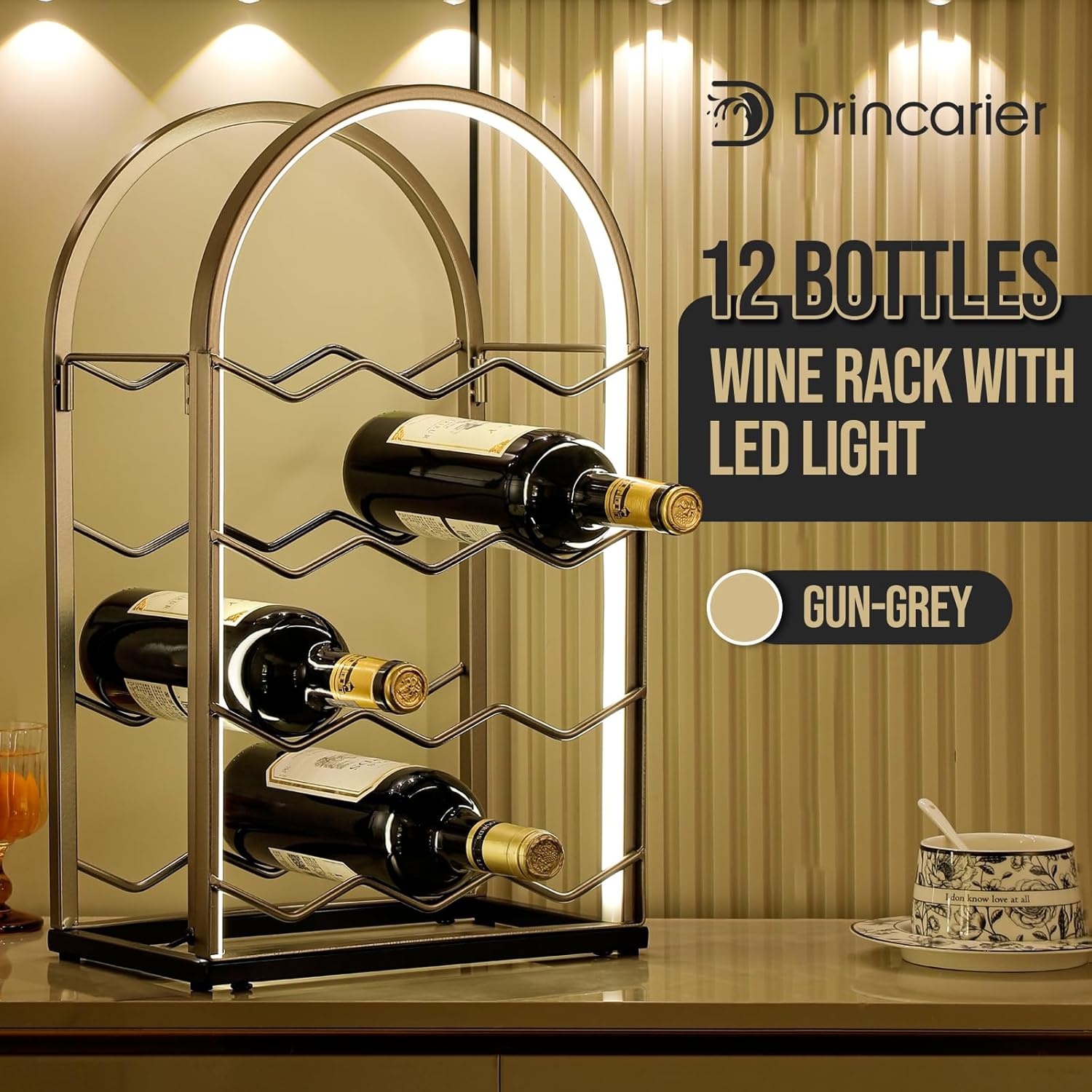 LED Countertop Wine Rack - 12 Bottle Freestanding Modern Metal Wine Rack - Tabletop Wine Holder Stand for Cabinet, Pantry, Wine Bottle Storage