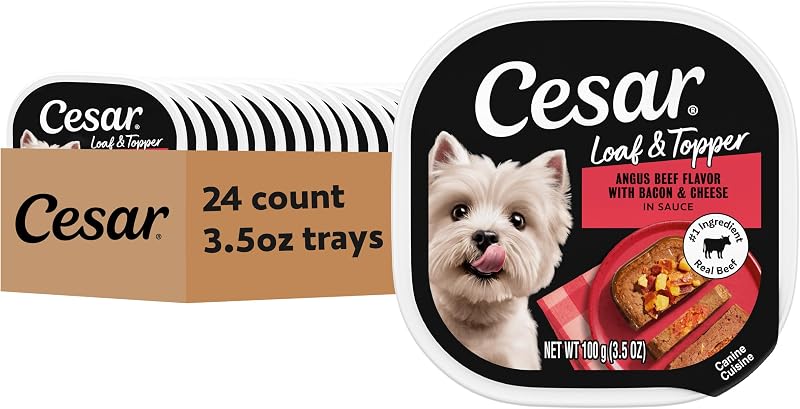 Ração úmida para cães adultos Cesar Loaf & Topper com carne bovina, bacon e queijo, 99 g, pacote com 24