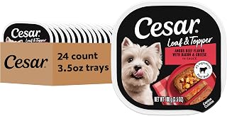 Cesar Loaf & Topper Wet Dog Food, Beef, Bacon & Cheese, 3.5 oz, 24 Count | Beef #1 ingredient, easy to digest, no fillers or added sugar, complete & balanced, use as meal or topper, easy peel trays