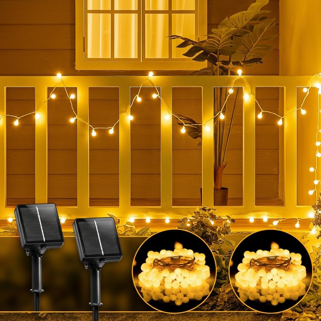 Brightown Solar Lights Outdoor Waterproof, 2 Packs Total 39Ft 120 LED Globe Solar String Lights for Outside, 8 Modes Outdoor Solar Lights for Yard Balcony Patio Tree Canopy Party (Warm White)