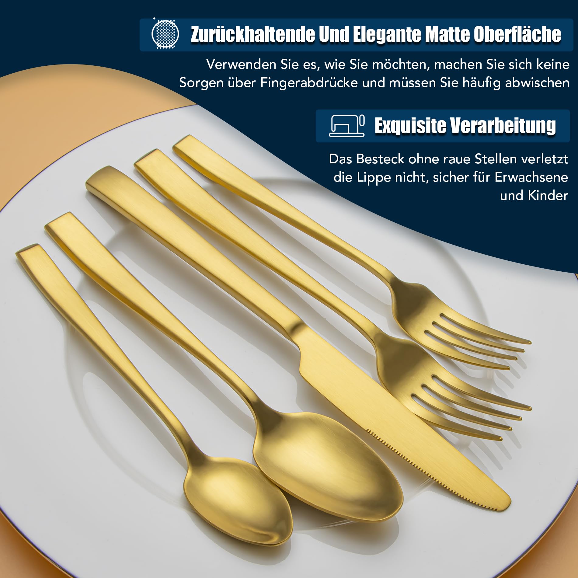 Cubiertos dorados mate, EIUBUIE cuberterias completas 6 personas, 30 piezas | mate cepillado, mangos únicos, equilibrado, cuberteria acero inoxidable, cuchillo cuchara tenedor, dorada juego de cubiertos