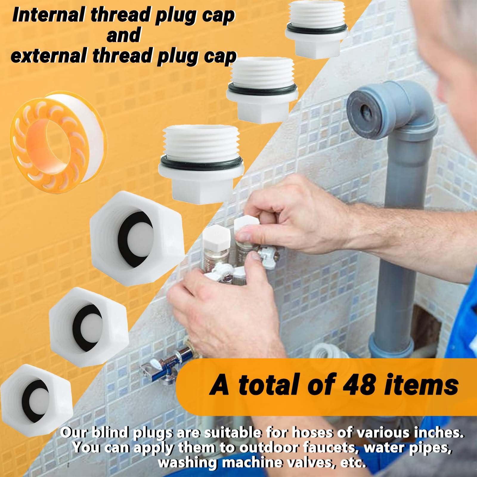 48 sztuk TREABEAR Plastikowe zaślepki gwintowane, zaślepki do węży hydraulicznych 1 3/4 cala 1/2 cala, wtyczka z PCW 1/2 cala gwint męski i żeński, zaślepki węża z gumowym pierścieniem i zatyczką do