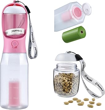 Cibaabo Dog Water Bottle with Food Container & Poop Bag Holder & Filter | Feeding & Hydration & Waste All in One | Travel Puppy Water Bowl | Portable Pet Dispenser | Girl Dog Accessories for Walking