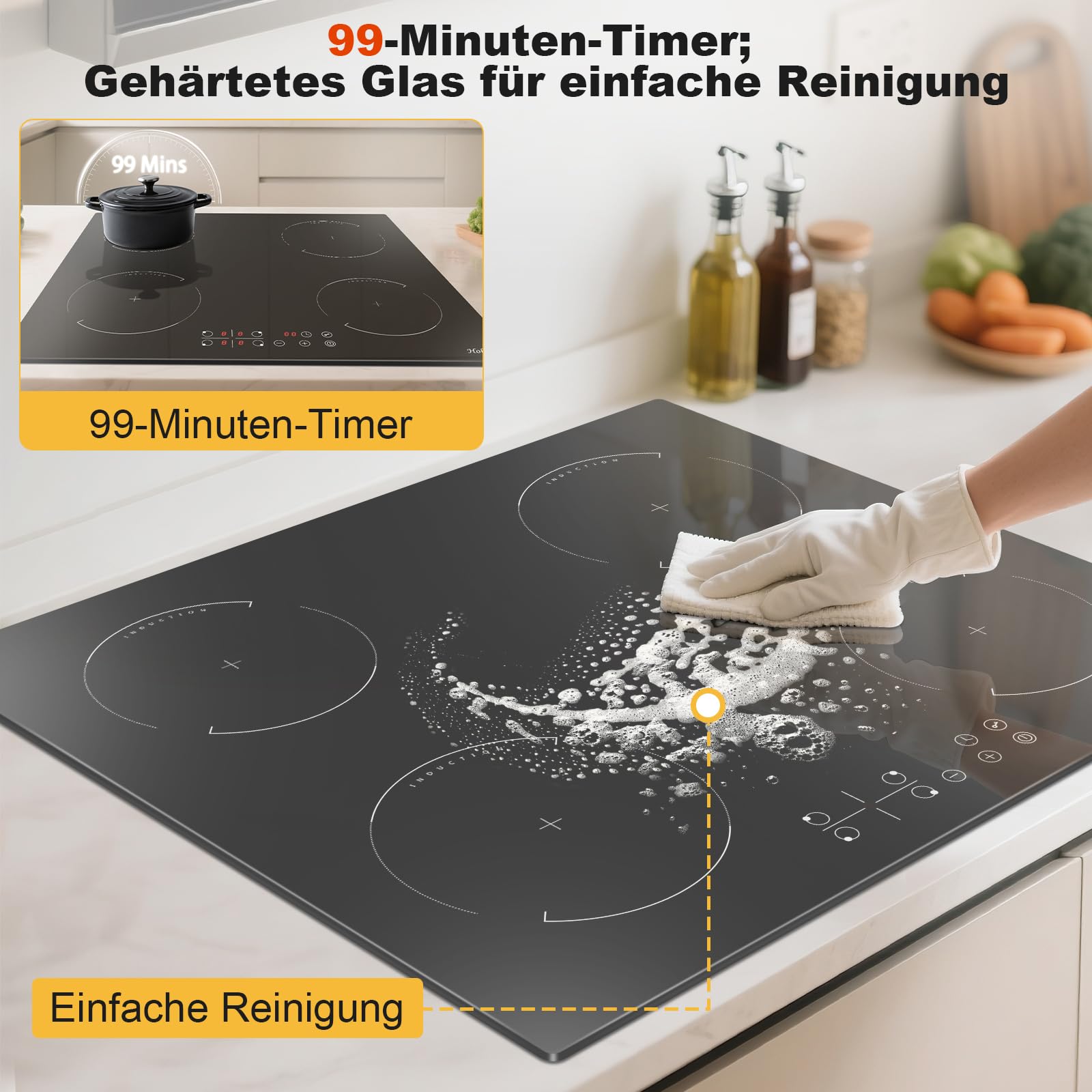Hobsir Induktionskochfeld 4 Zonen Autark 60cm 3500W Touch-Bedienung Sicherheitsschloss Timer