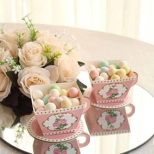 Miniatura 6 de Efavormart - Paquete de 25 cajas de regalo de mini taza de té y platillo con estampado floral de rosas, cajas de dulces para fiesta de té, 4 x 3