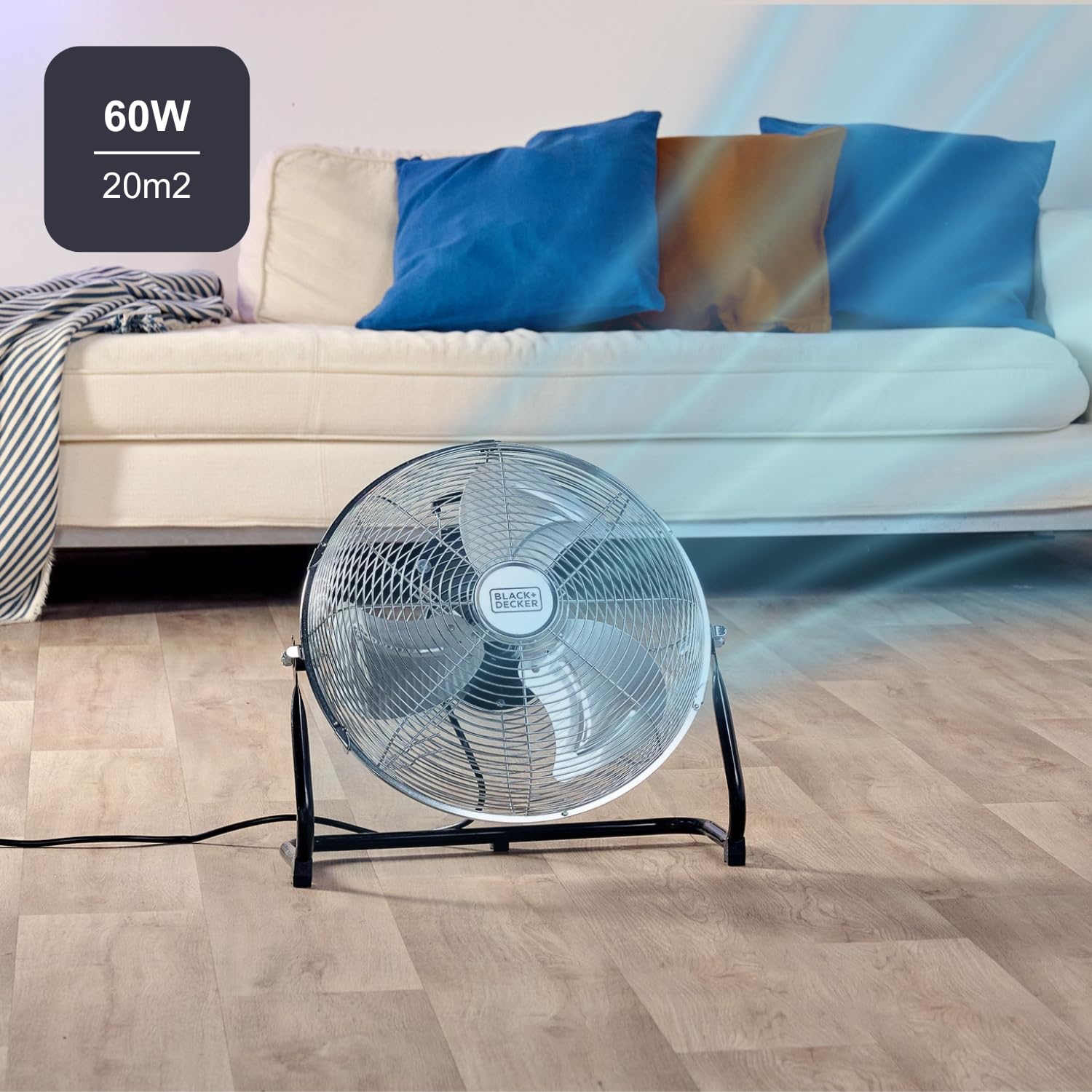 BLACK+DECKER - Ventilatore da Pavimento 60W | 3 Velocità | Diametro 35 cm | 3 Pale in Metallo | Inclinazione Regolabile | Base Antiscivolo | Maniglia Trasporto | Griglia Smontabile | Organizer Cavi