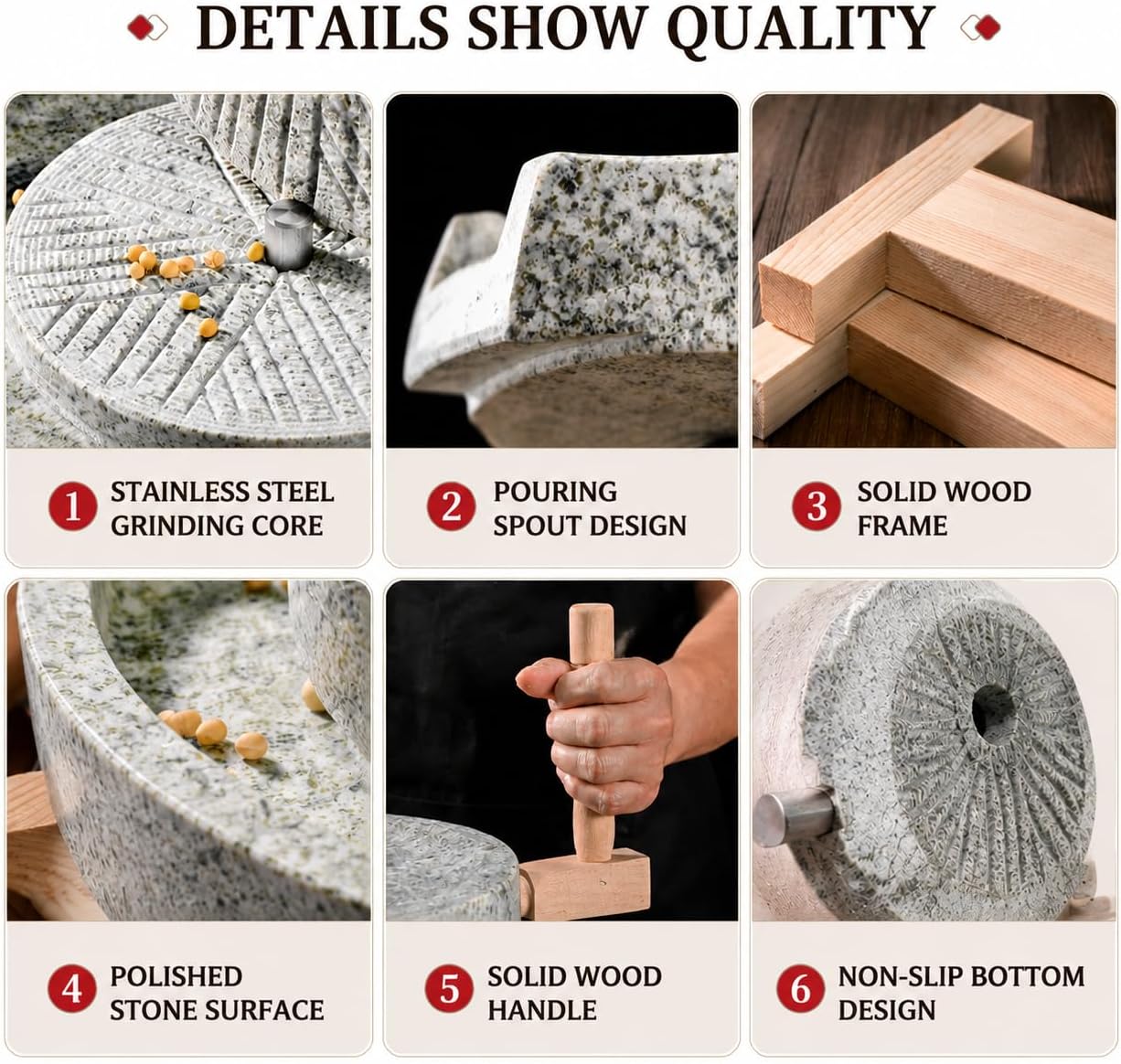 A handcrafted natural crank stone mill with a solid wood base, suitable for processing wheat, grains, and sesame seeds, ideal for producing bread, corn cakes, spices, and similar products.
