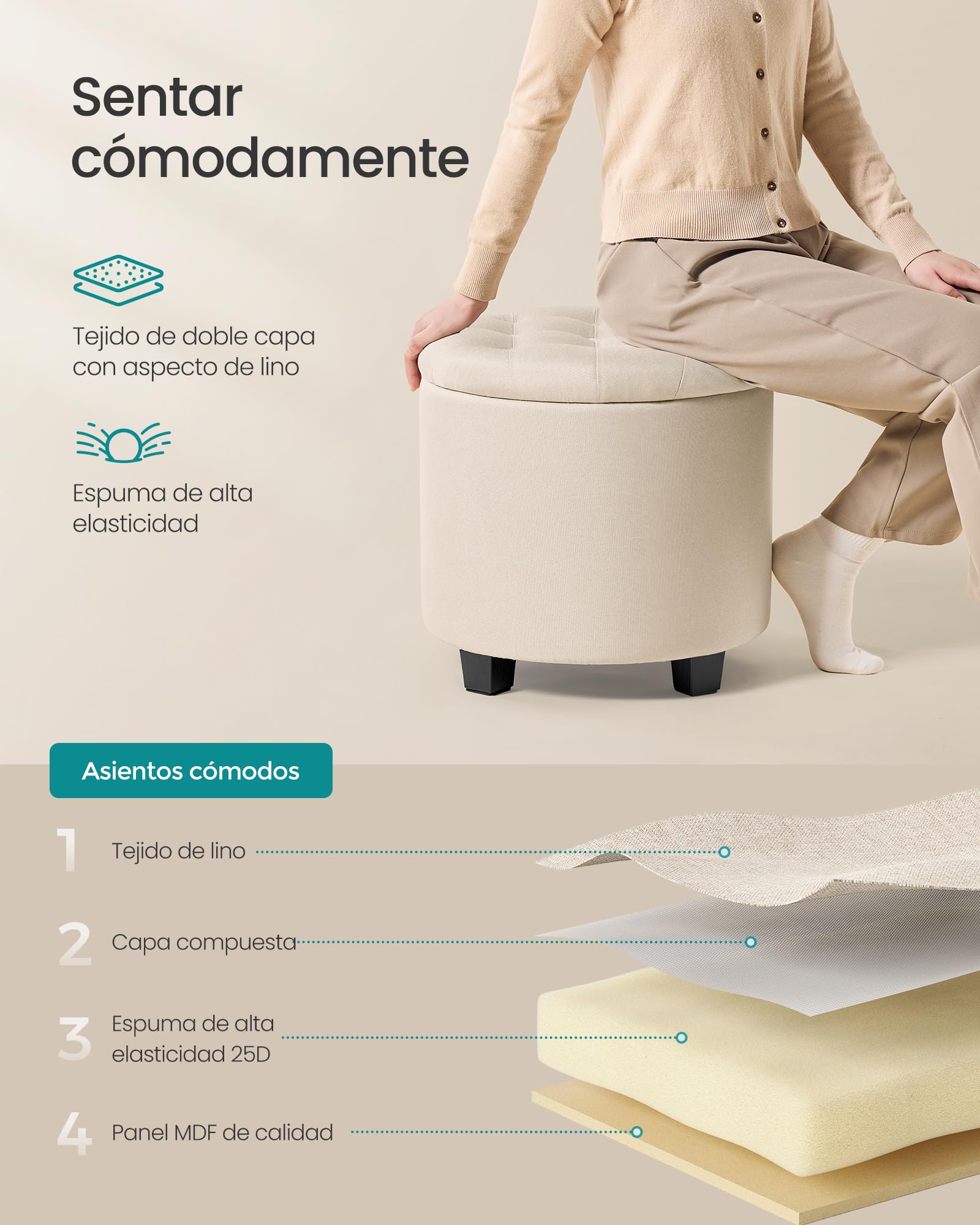 SONGMICS Puff Almacenahe, Banco de Almacenamiento, 45 x 45 x 44,5 cm, Reposapiés con Patas, Tejido con Aspecto de Lino, Carga hasta 150 kg, para Salón, Dormitorio, Beige Claro LOM011W01