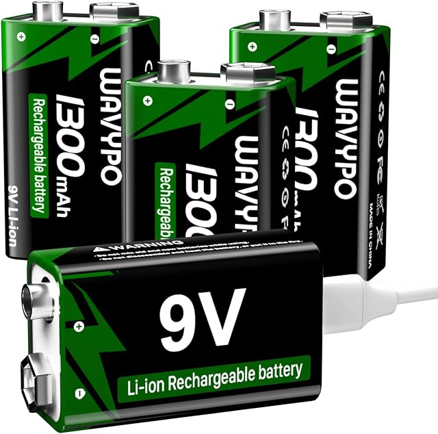 9V Rechargeable Batteries,1300mAh Lithium Batteries USB-C Charge with 2 in 1 Charging Cable for Wireless Microphone, Electronic Toys, LED Lighting Devices,walkie-Talkie, Medical Devices etc (4 Pack)