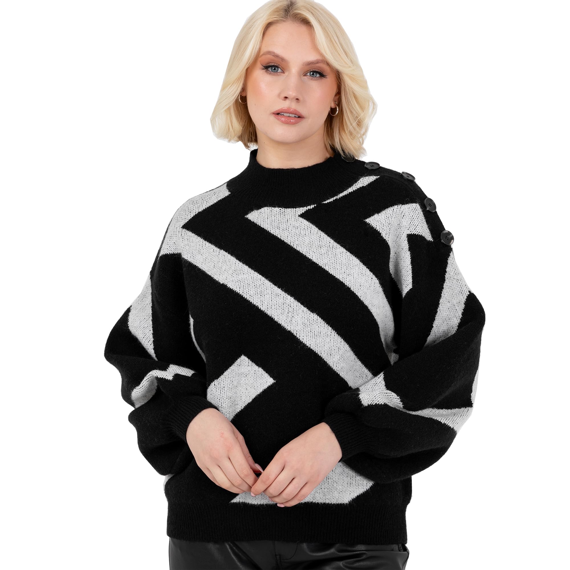 Lovedrobe Women's Jumper Ladies High Neck Long Balloon Sleeve Sweater Geometric Jacquard Button Detail Casual Knitwear Pullover, Black 24-26