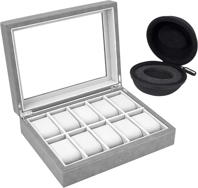10 Slot Watch Box w/ Watch Travel Case  Watch Display Case w/ Glass lid and Grey Velvet Interior  Watch Case
