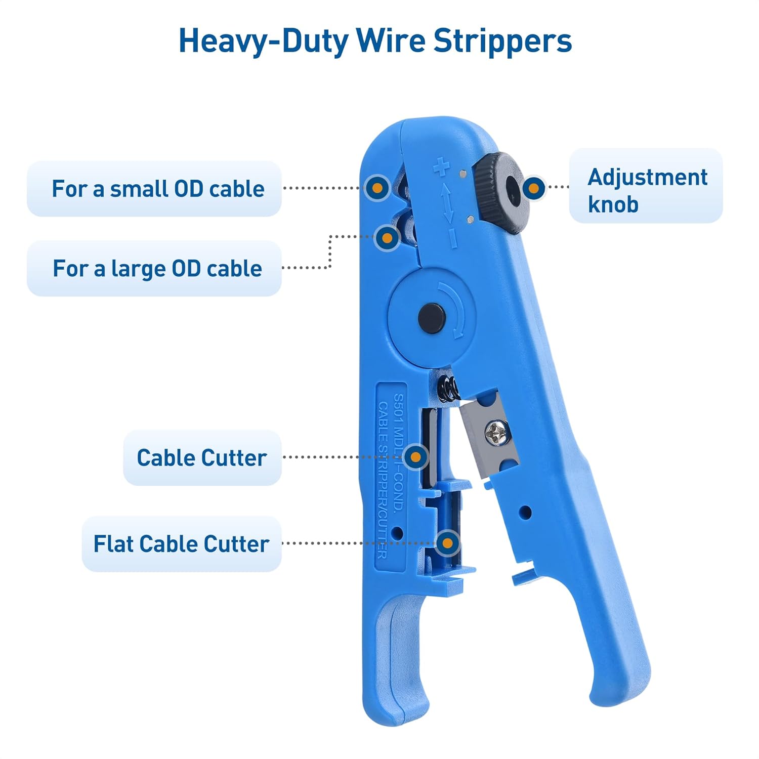 Cable Matters 2-Pack Wire Strippers/Cable Stripper in Blue, 8-16 AWG, Max 0.3 Inches/7.6mm OD Support, Adjustable Blade, Precision Cable Stripper Tool for Large Wires, Includes Cutter for Clean Cuts