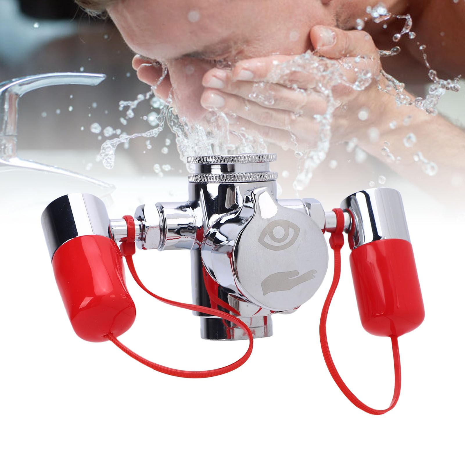 Wakects Am Wasserhahn Montierte Augenspülstation, Messing-Wasserhahn-Augenspülstation mit 3 Adaptern, 360 Grad Drehbaren Doppeldüsen und Abdeckung für die Verwendung Im Labor, in der Fabrik, Am