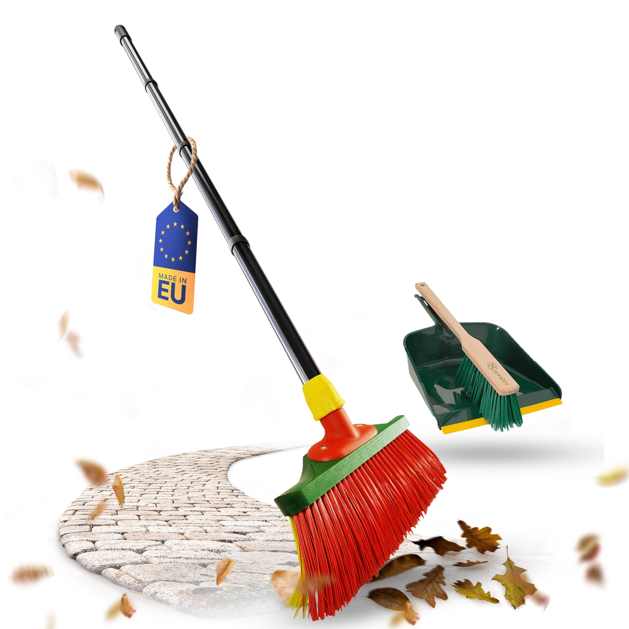 Novaliv Scopa con manico 30 cm con scopa per esterni, scopa speciale, setole ricurve, setole rosse e gialle, ideale come scopa da giardino, scopa per prato artificiale, ideale per il campeggio
