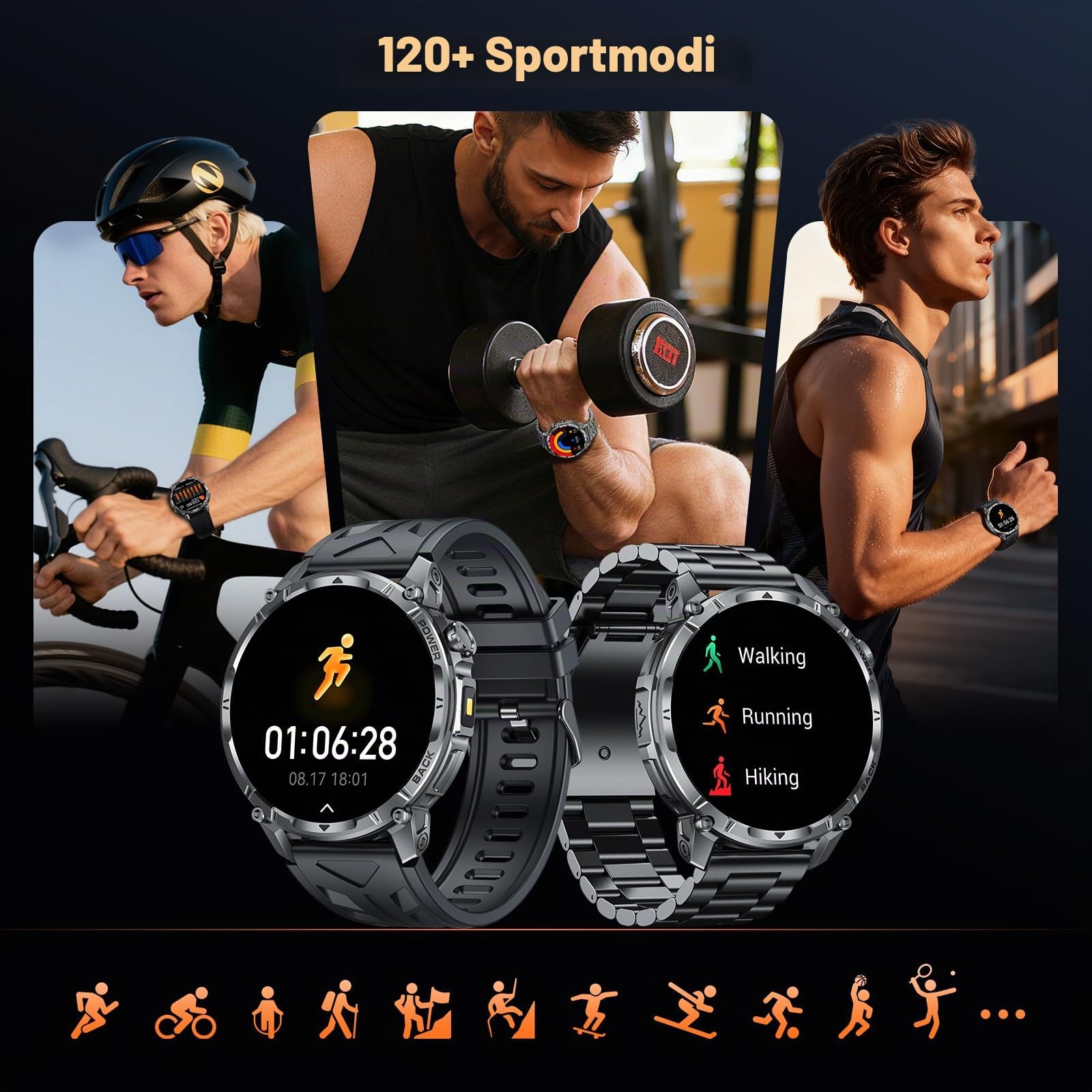 SLOKSFil Militär Smartwatch Herren mit 1000 mAh Akku/LED-Licht, 1.7" HD Touch Display Fitnessuhr mit Telefonfunktion, Pulsmesser SpO2 Schlafmonitor IP68 110+ Sportmodi, für Android iOS (Stahlband)