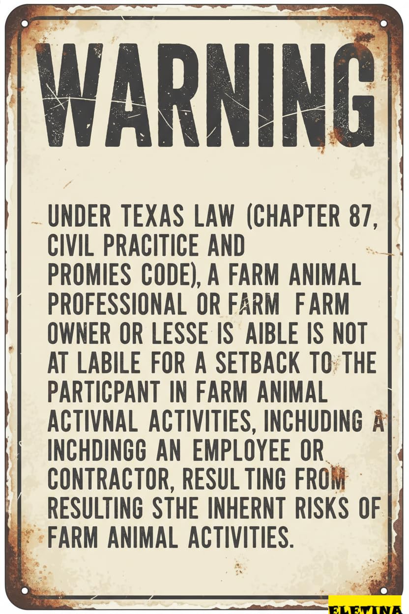 Texas Farm Liability Warning Tin Sign, 8x12 Inch