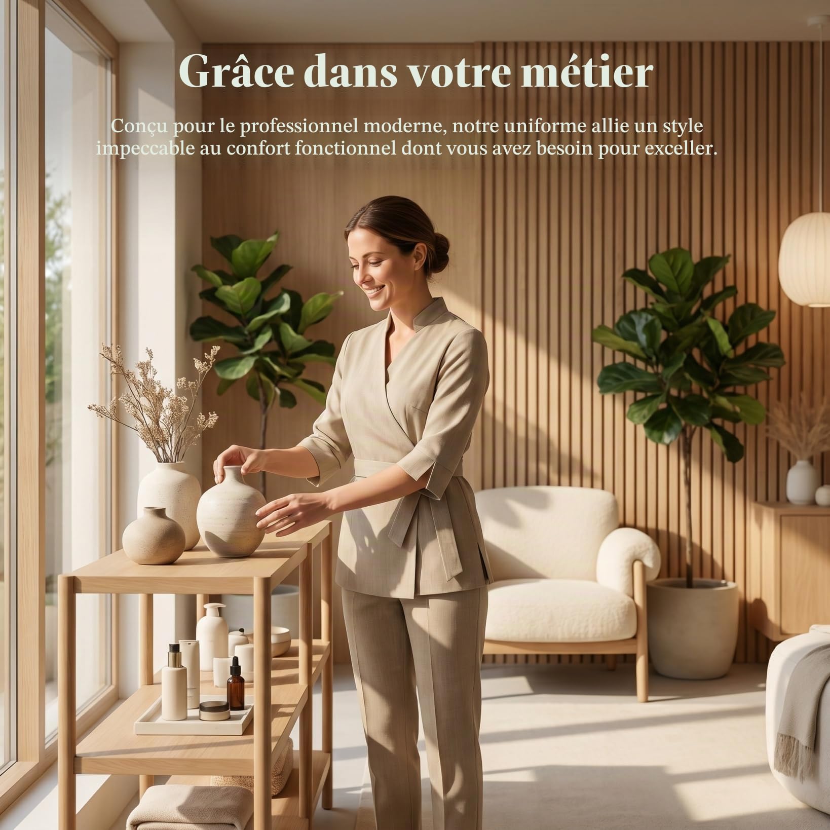 minkissy Tenue Esthéticienne Professionnelle Deux Pièces Vêtements De Travail À Col V Et Manches Longues Costume Léger Et Respirant pour Salon De Beauté Institut De Beauté Femme