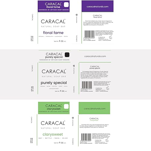 Miniatura 6 de CARACAL Paquete variado de 3 barras, jabón vegano hecho a mano totalmente natural para hombres ClarySweet, puramente especial, fama floral