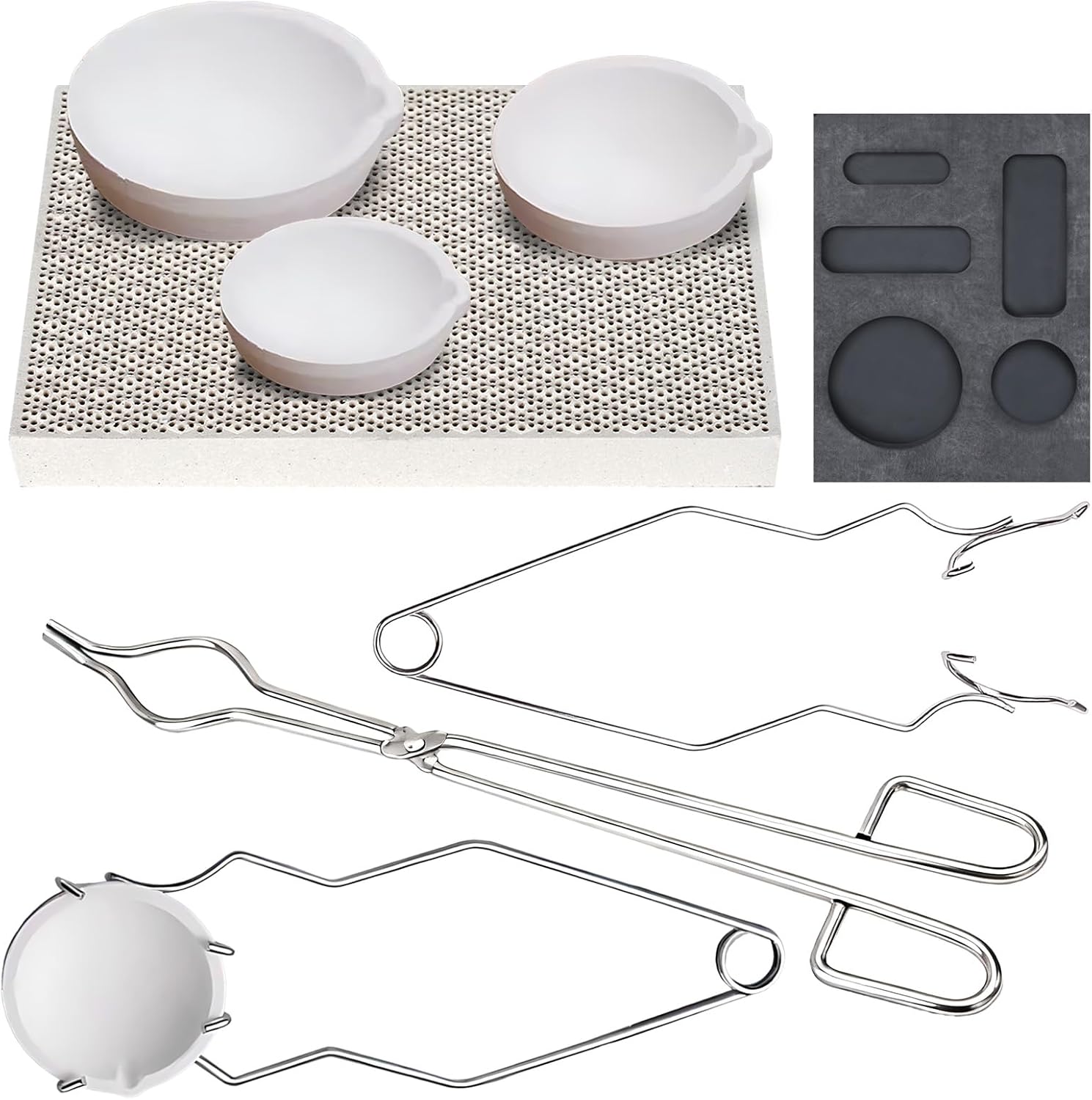 8 PCS Graphite Torch Melting Casting Kit, Including 5-in-1 Graphite Casting Ingot Mould, 30cm Stainless Steel Crucible Tongs, 3 Quartz Crucible, 2 Tong for Melt, Honeycomb Ceramic Soldering Board