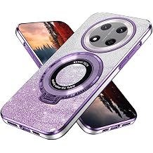 Silicone Case Compatible with Honor Magic 7 Lite Case with Ring Holder Kickstand, Phone Case for Honor Magic 7 Lite Funda Clear Glitter Shockproof Cover Purple
