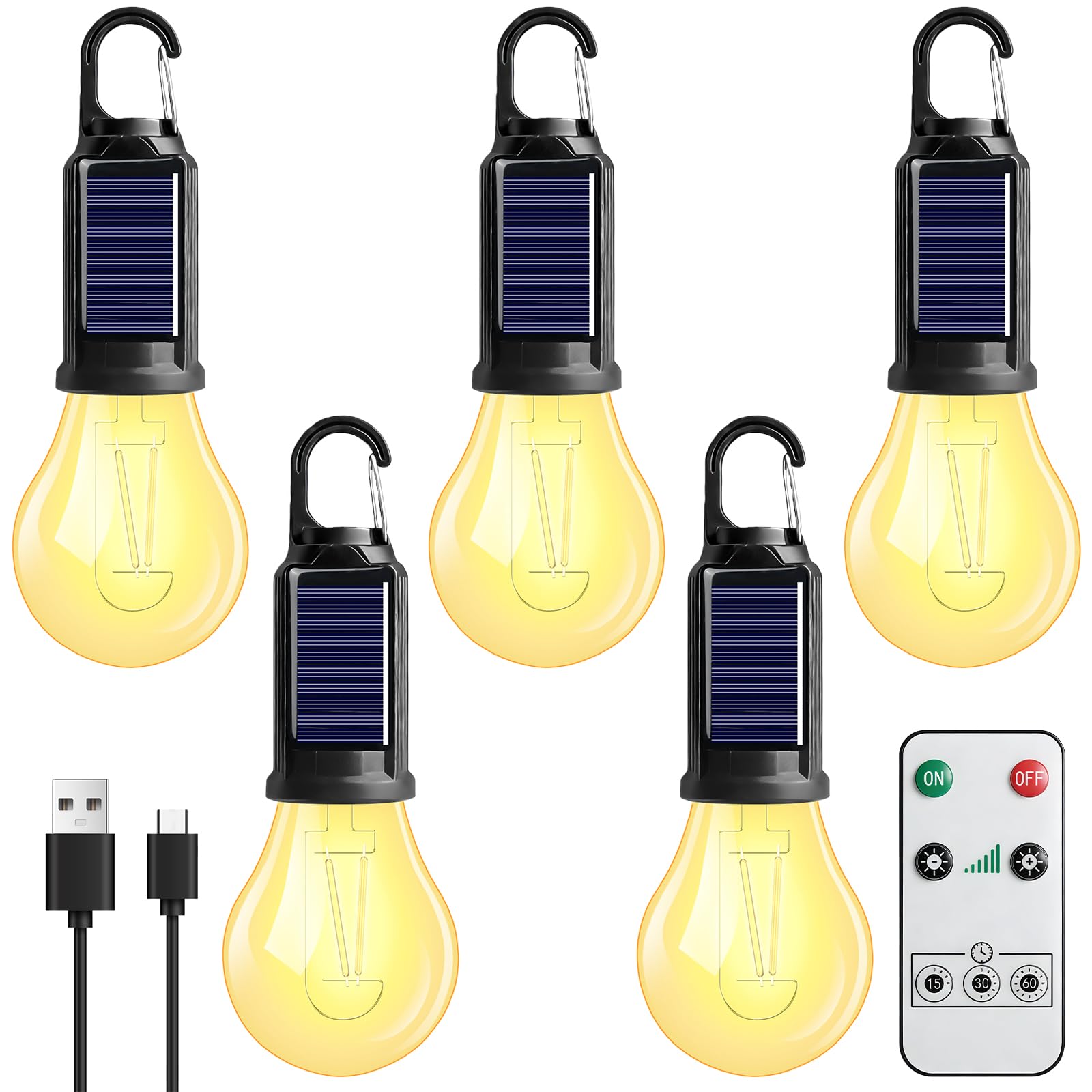 Lampada da campeggio ricaricabile, 5 pezzi LED da campeggio a energia solare, luci da campeggio ricaricabile, lampada da campeggio con moschettone, set di lampadine da campeggio, luminosità regolabile