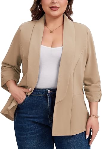 XL-5XL Plus Size Women Open Front Blazer Shawl Lapel 3/4 Sleeve Jacket
