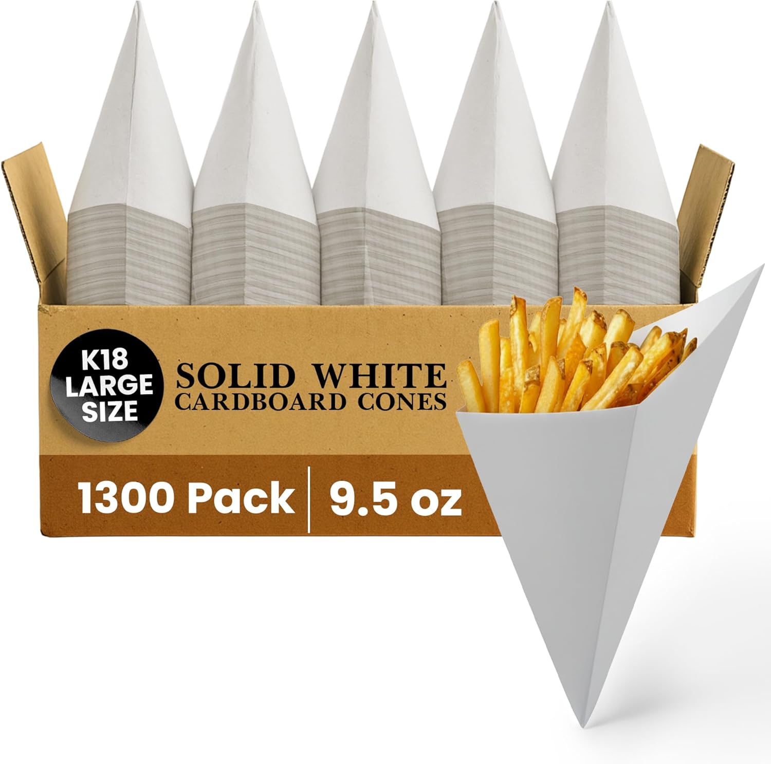 Friteshop Classic White Cardboard Cones K-18 Large Size, 9.5 oz – Full portion French Fries Holder, Snacks & Appetizers - Grease-Resistant, Durable Disposable Cones - 100 Count