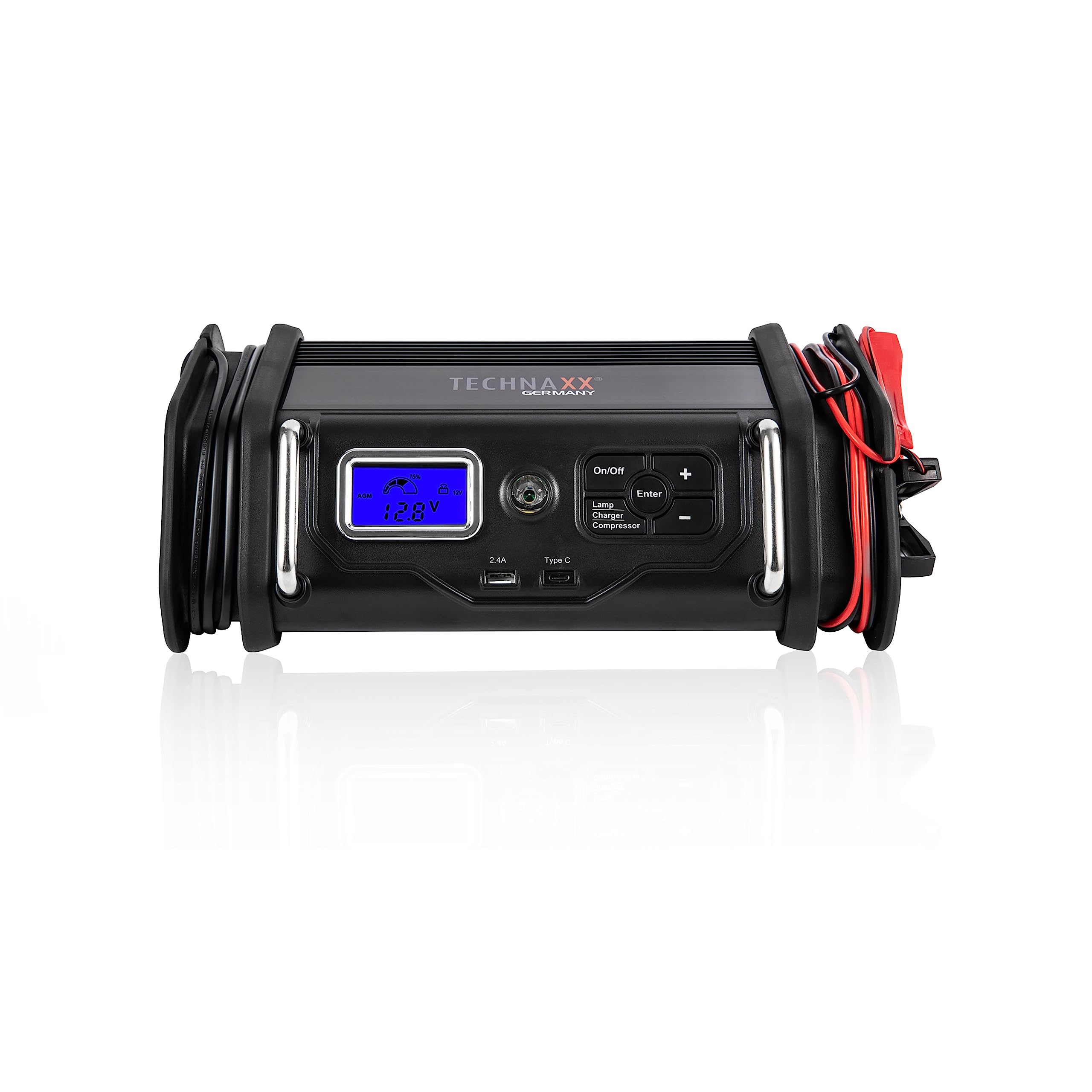 Technaxx Caricabatterie 10A con compressore d'aria TX-193 - Caricabatterie 6-12V per batterie auto e moto - Regolatore di pressione digitale, spegnimento automatico, adattatori vari