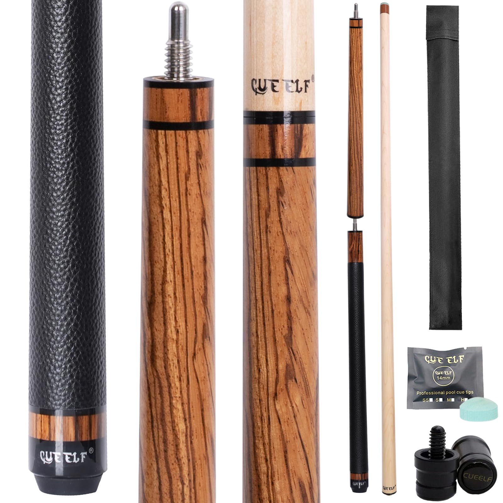 CUEELF Heavy Hitter Jump Break Pool Cue 3-Piece Jump/Break Pool Cue Stick Zebra Wood Pool Stick 23 oz Break Pool Cue