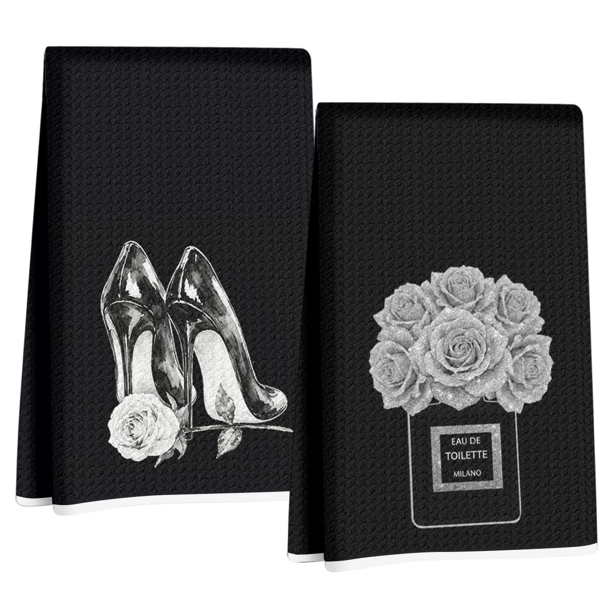 2 Pcs Black and White Hand Towels 24x14 Inch, Preppy Girly Bathroom Decor