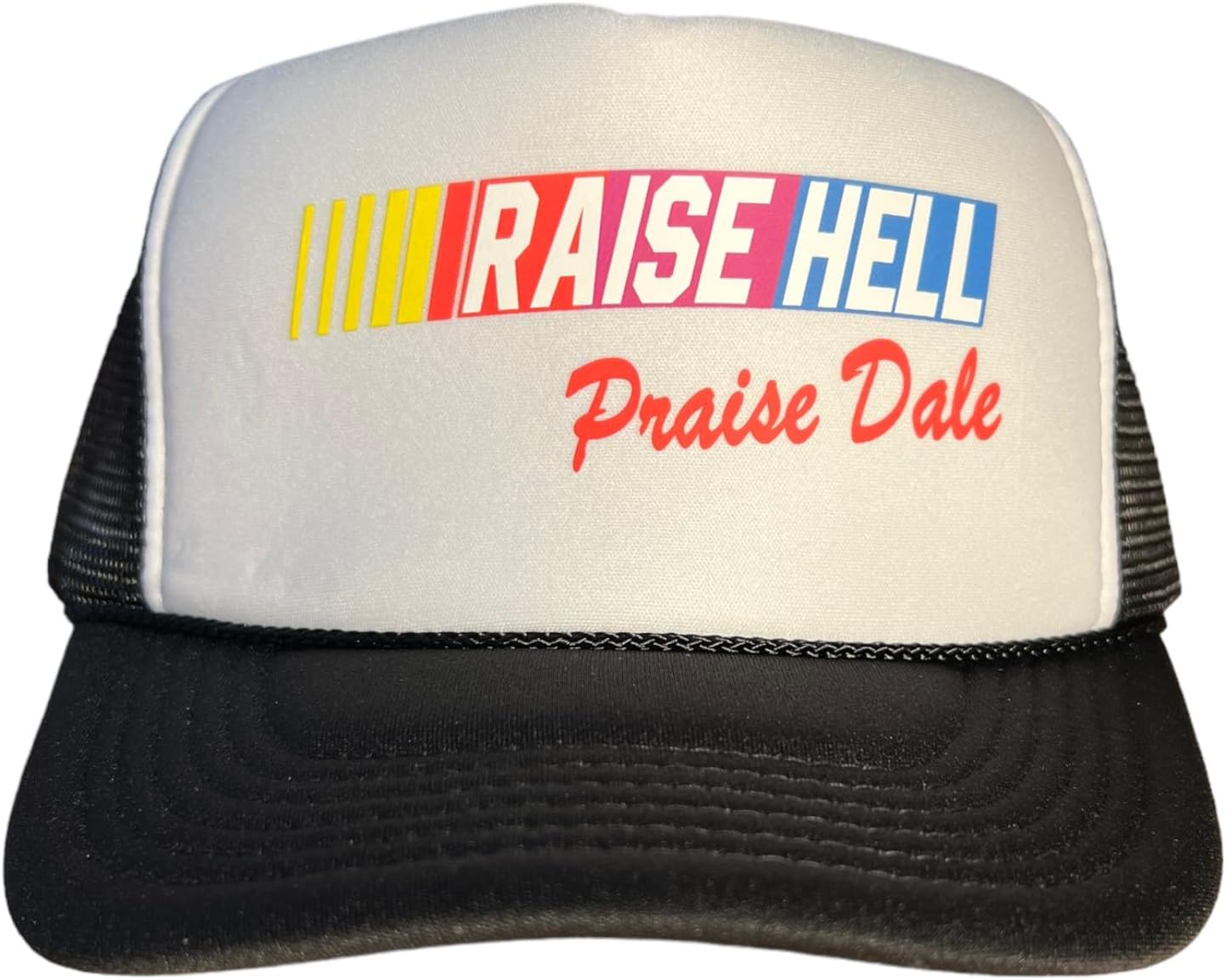 Raise Hell Praise Dale Snapback Trucker Hat for Men or Women, Vintage Fit with Funny Novelty Graphic, Custom Mesh Cap