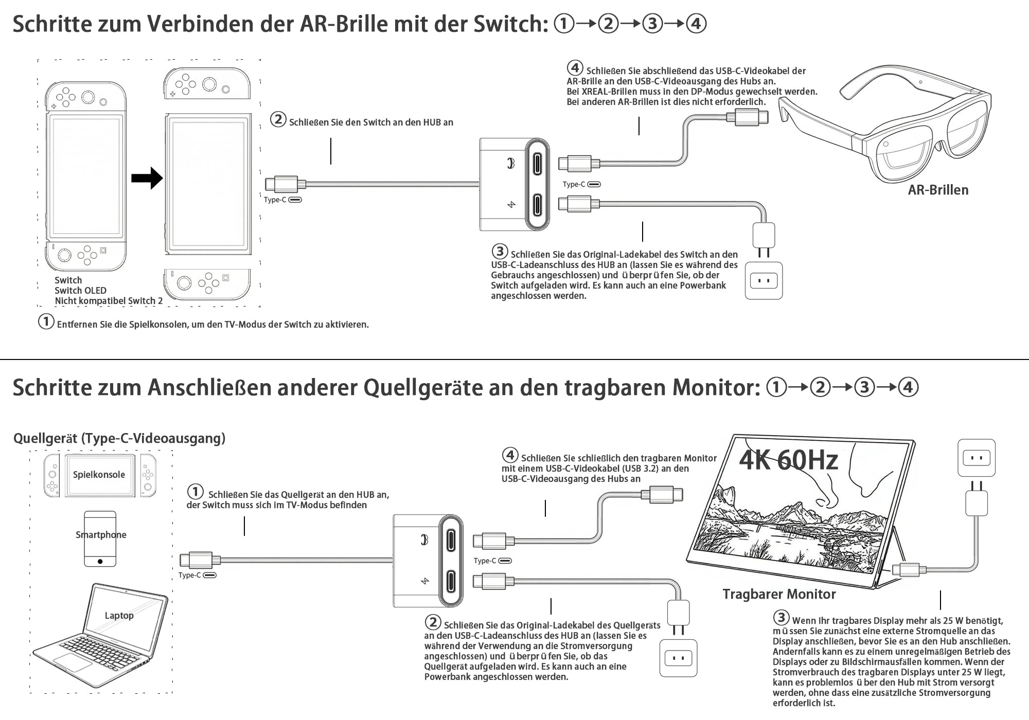 Adaptateur de Lunettes USB-C vers AR, Chargement et Jeu, Compatible avec Charge Rapide PD de 100W pour iPhone 17-15, Switch OLED, Steam Deck&Viture/Rokid/Xreal/RayNeo AR 1080P 120 Hz/4K 60Hz