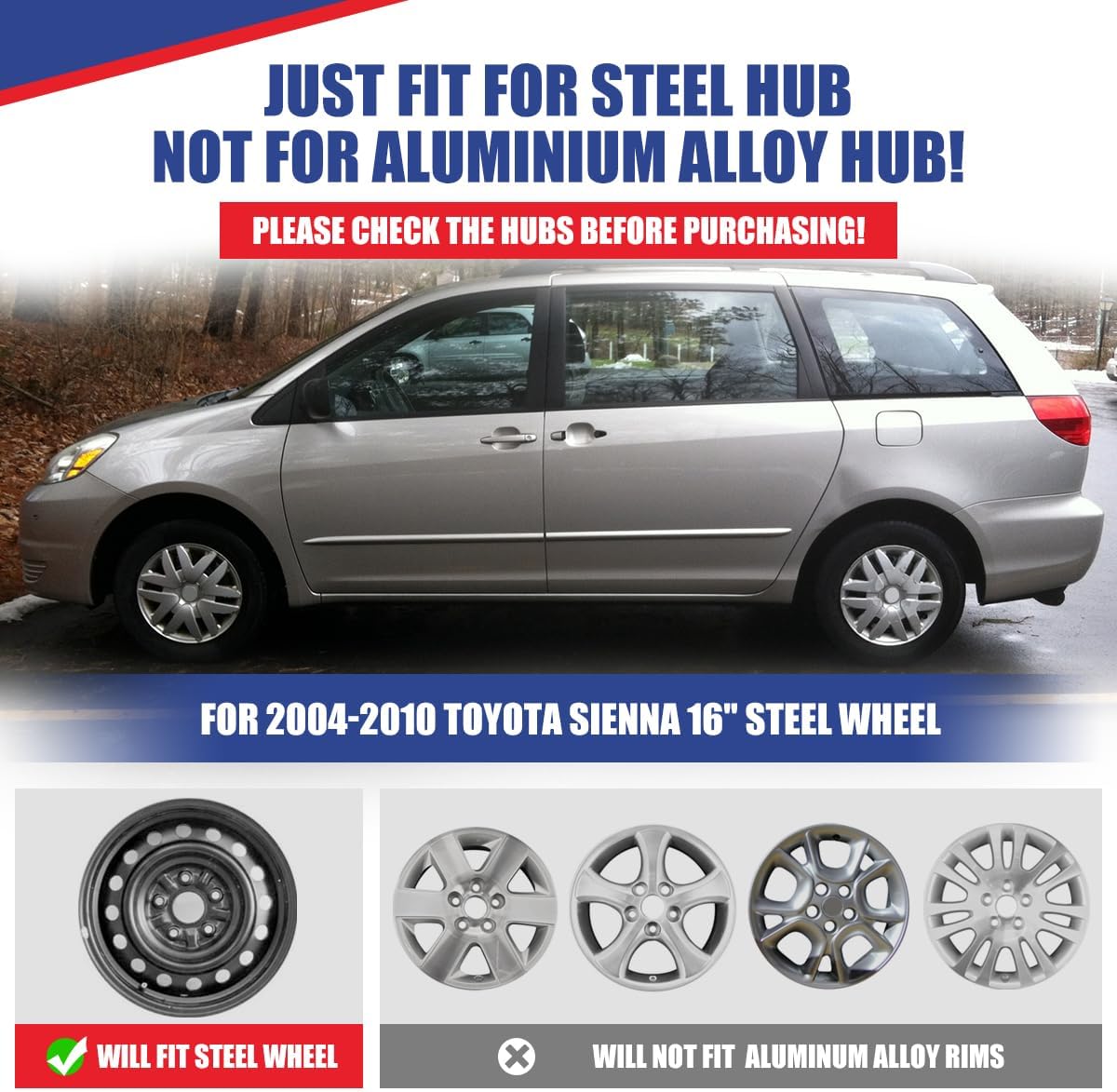 16 Inch Hubcaps Set of 4 Silver Lacquer Wheel Rims Cover R16 for Toyota Sienna 2004 2005 2006 2007 2008 2009 2010, PP Material Wheel Covers Snap On Fit for Steel Wheels Auto Accessories (4-Packs)