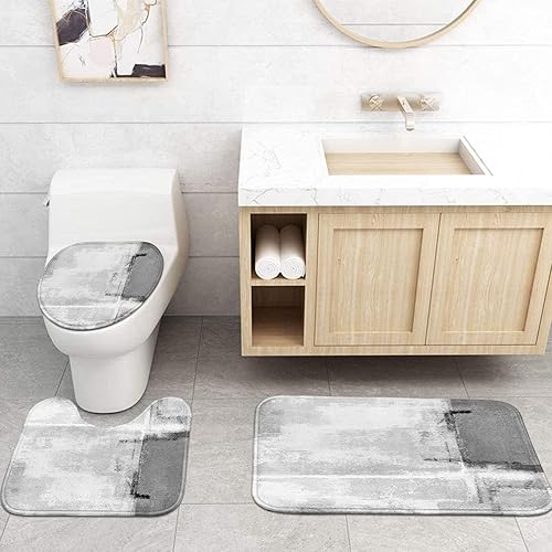 Miniatura 4 de ArtSocket Juego de 4 cortinas de ducha con pintura abstracta gris negro y blanco con alfombras antideslizantes cubierta de tapa de inodoro y tapete