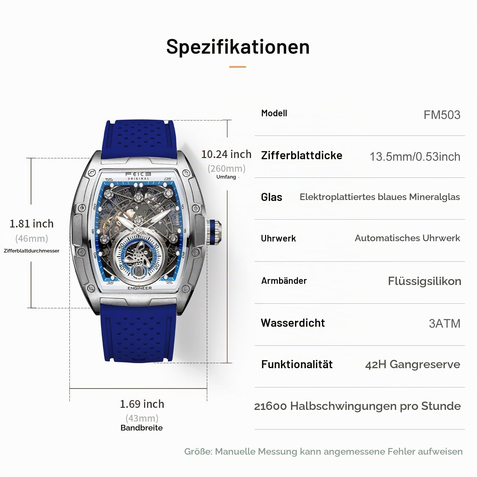 FEICE FM503 Herren Automatikuhr Skelett Blaue Uhr Automatik