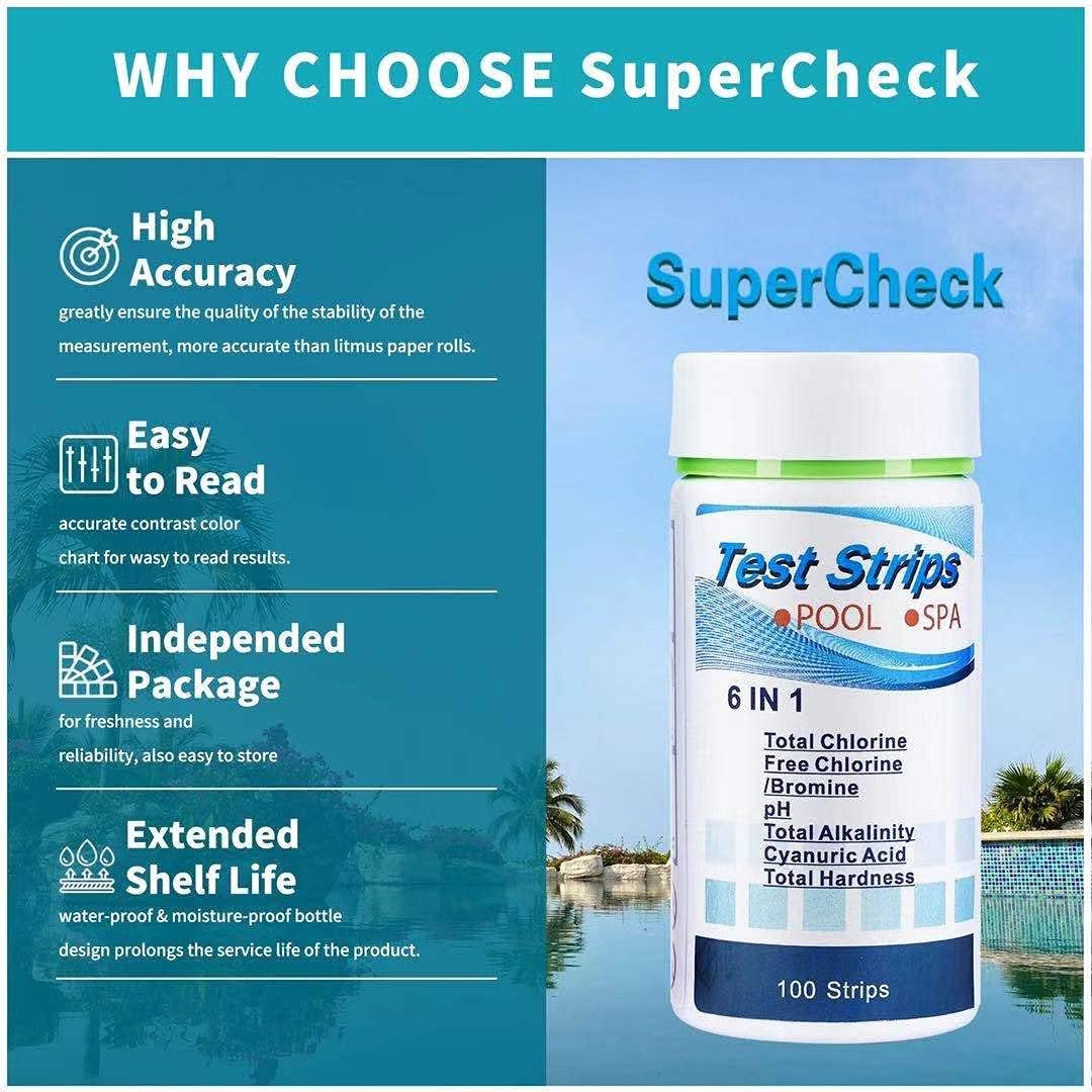 SuperCheck 6 Ways Pool Testing Strips, 7 Parameters, 100 Count, Pool Chemical Testing Kit for Chlorine, Bromine, pH, Alkalinity, Cyanuric Acid and Hardness, Pool and Spa Test Strips, Pool Water Tester