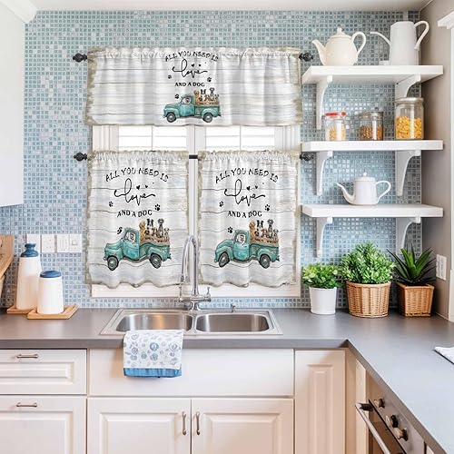 Miniatura 6 de Juego de cenefas y niveles de cortina de cocina, camión azul con bolsillo para barra de perro, juego de 3 piezas de cortina de ventana de grano de