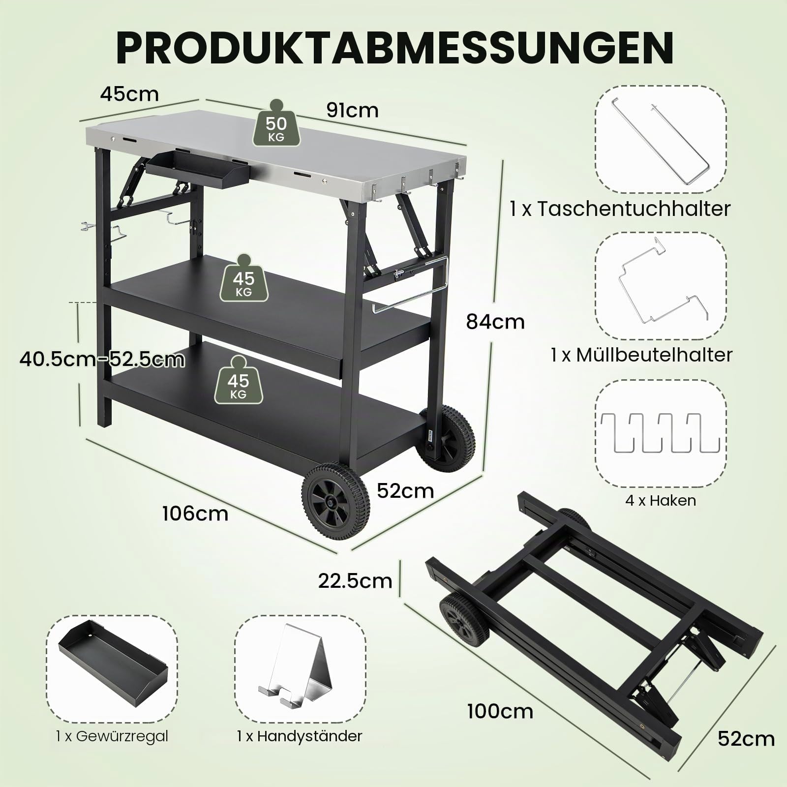 KOMFOTTEU Grillwagen klappbar, Grilltisch mit Edelstahl Arbeitsplatte, Outdoor Rollwagen mit 2 Rollen, Servierwagen Grill Trolley mit Verstellbarer Ablage, Handyhalterung & Handtuchhalter, Schwarz