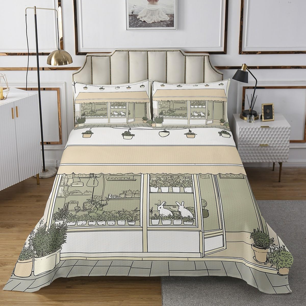 jejeloiu Cute Anime Bedspread 2Pcs Twin Size Kids Rabbit Japanese Street Coverlet Set for Boys Girls Bunny Quilted Coverlet,Microfiber