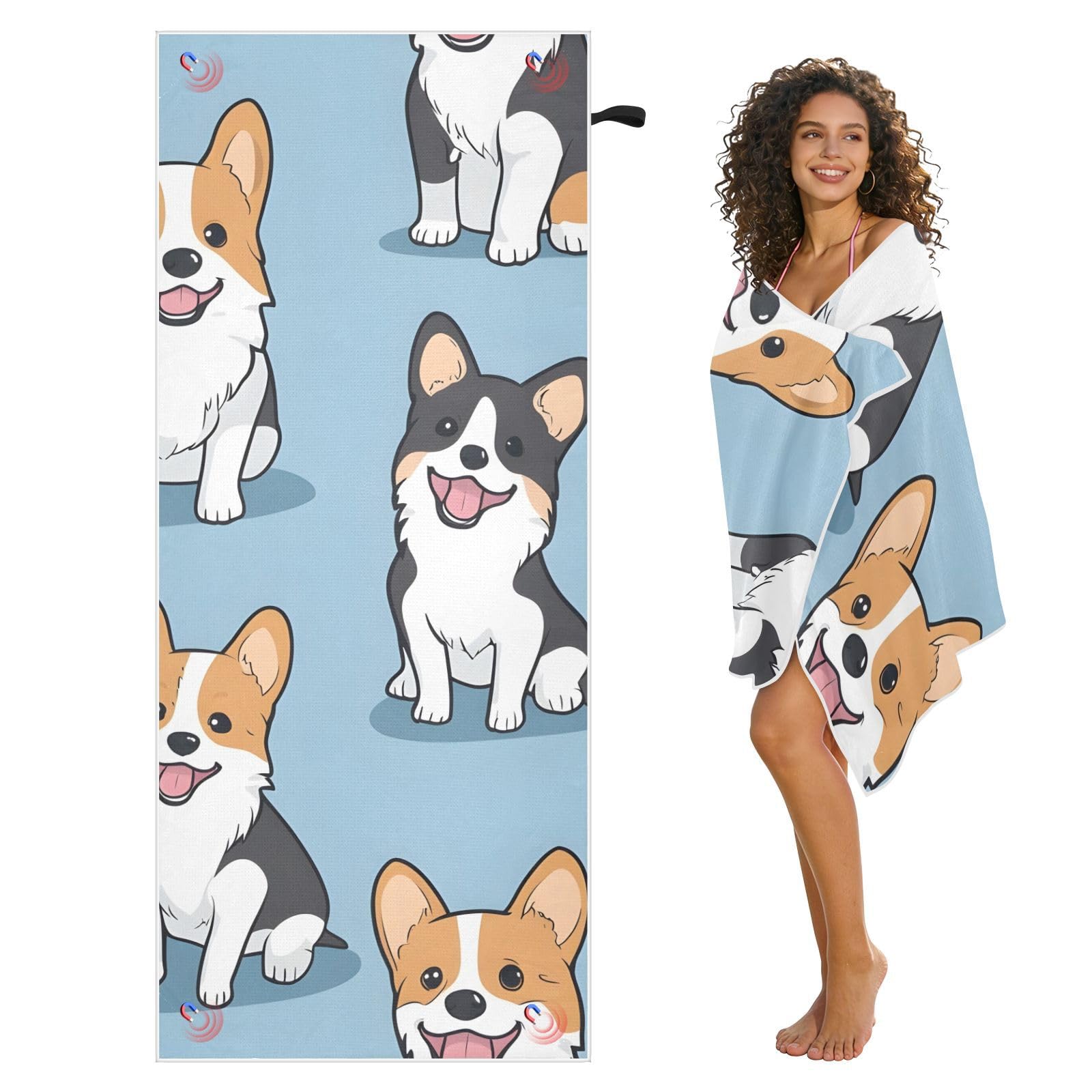Toallas de playa grandes con bolsas de malla para adultos, toalla de baño con patrón de perros Corgi con cierre magnético, toalla absorbente de secado rápido para piscina, camping y viajes, 190