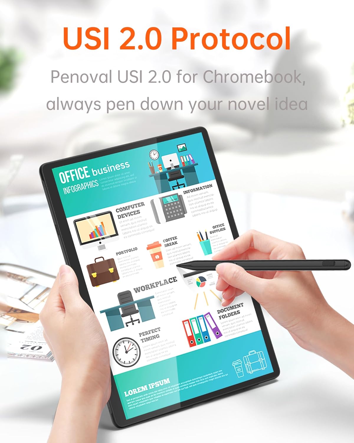 Stylus in use on a tablet, illustrating USI 2.0 protocol