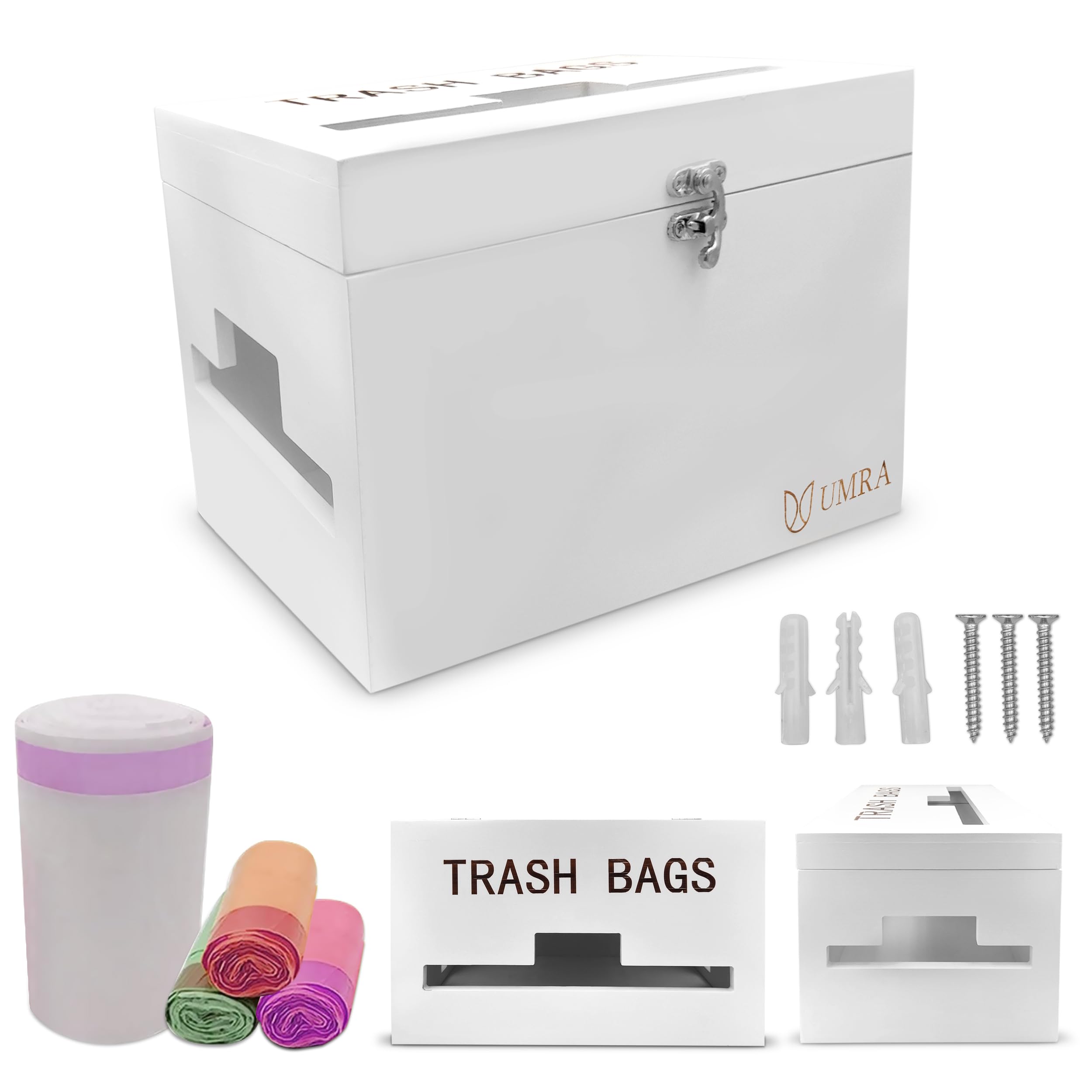 Photo 1 of Extra Large Bamboo Trash Bag Dispenser, Garbage Bag Holder Dispenser, Kitchen Laundry Trash Can plastic bag Organizer Compatible with Most Rolls Countertop Wall Mount Cabinet Under Sink Roll Holder