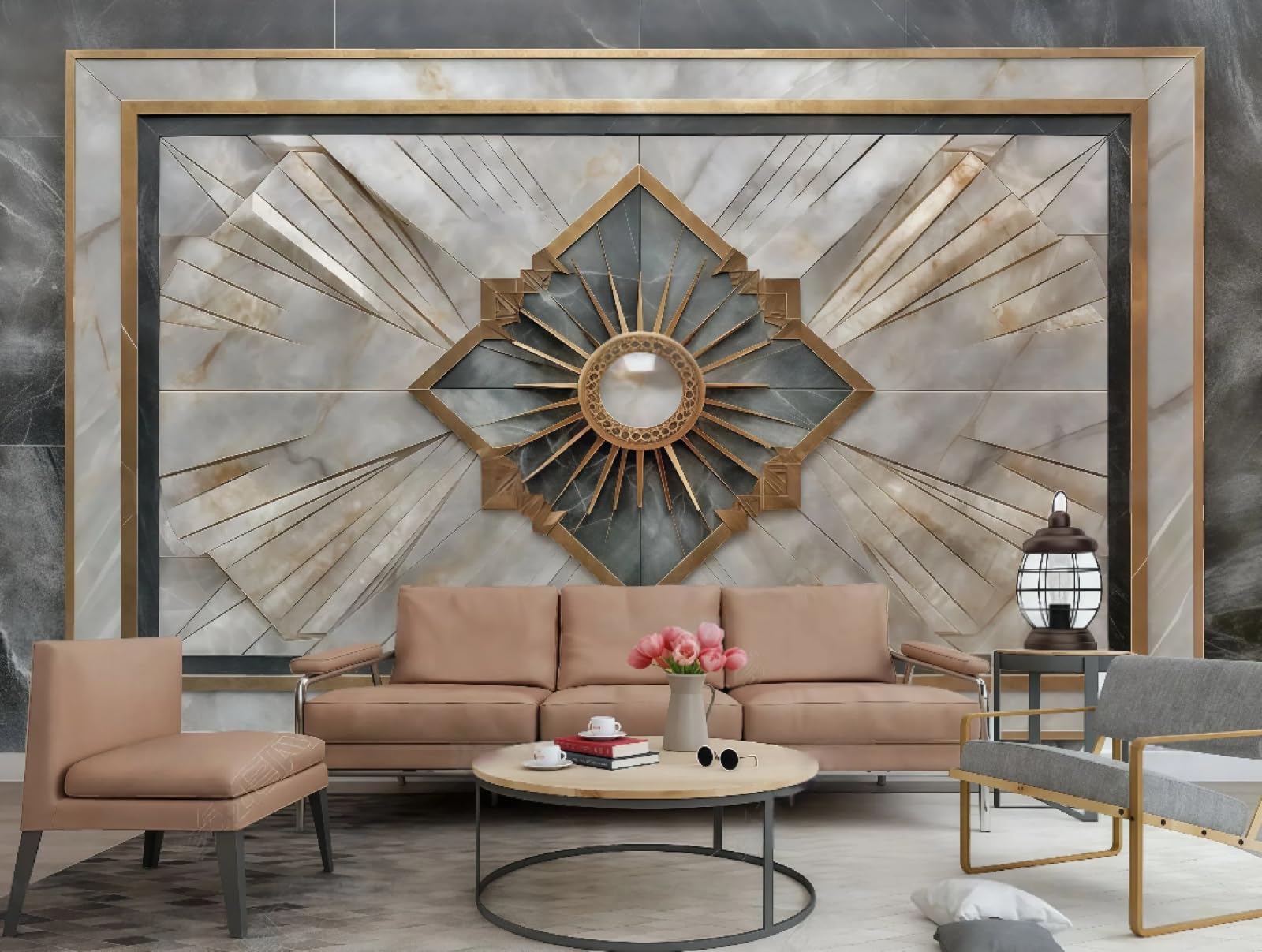 Tapeta sztuka nowoczesna złota linia murowane łączenie marmuru łupek szary obraz TV sofa tło ściana salon sypialnia jadalnia ścienna, 3D, 300 x 210 cm