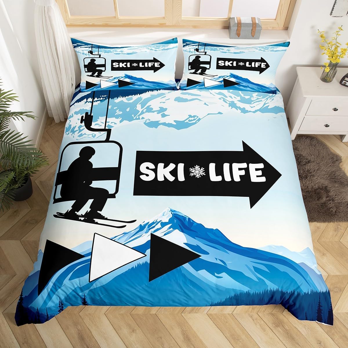 Farmhouse Skiing Bedding Set Queen Size 3 Pcs,Green Pine Trees Cartoon Cable Car Duvet Cover for Kids Teens Adults,Red Cabin Rustic Style Sports Theme Comforter Cover with 2 Pillowcases,No Comforter