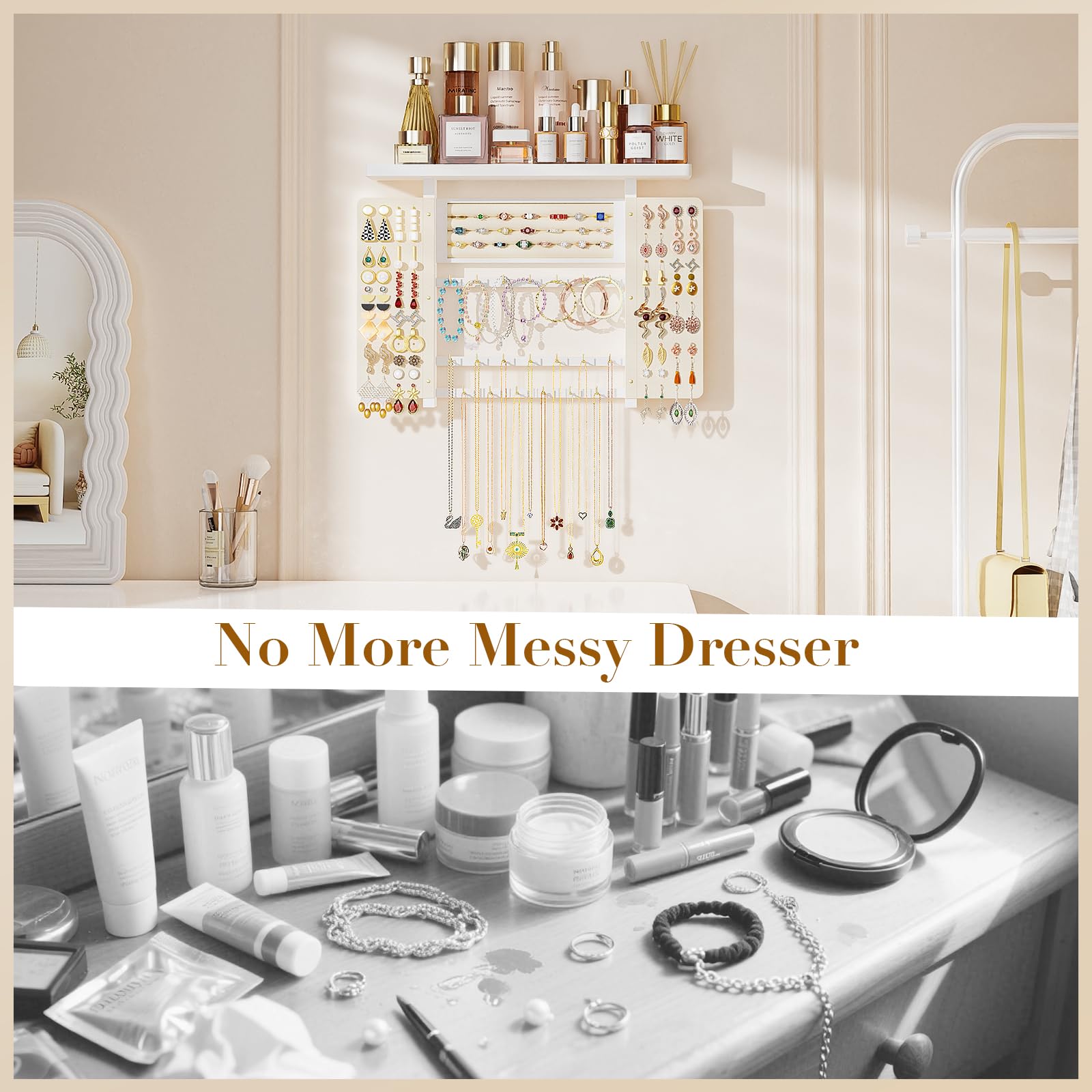 Hängender Schmuck Organizer, Wand Schmuck Organizer mit Holz Regal, Große Kapazität Schmuckständer Aufbewahrung & Display für Halsketten Armband Ohrringe Ring (Weiß)